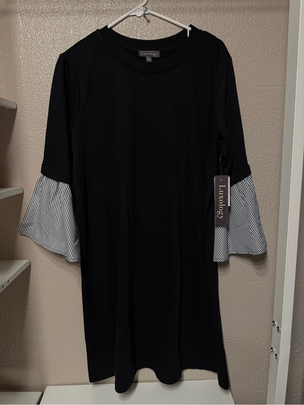 Luxology Black Tunic with Pinstriped Bell Sleeves